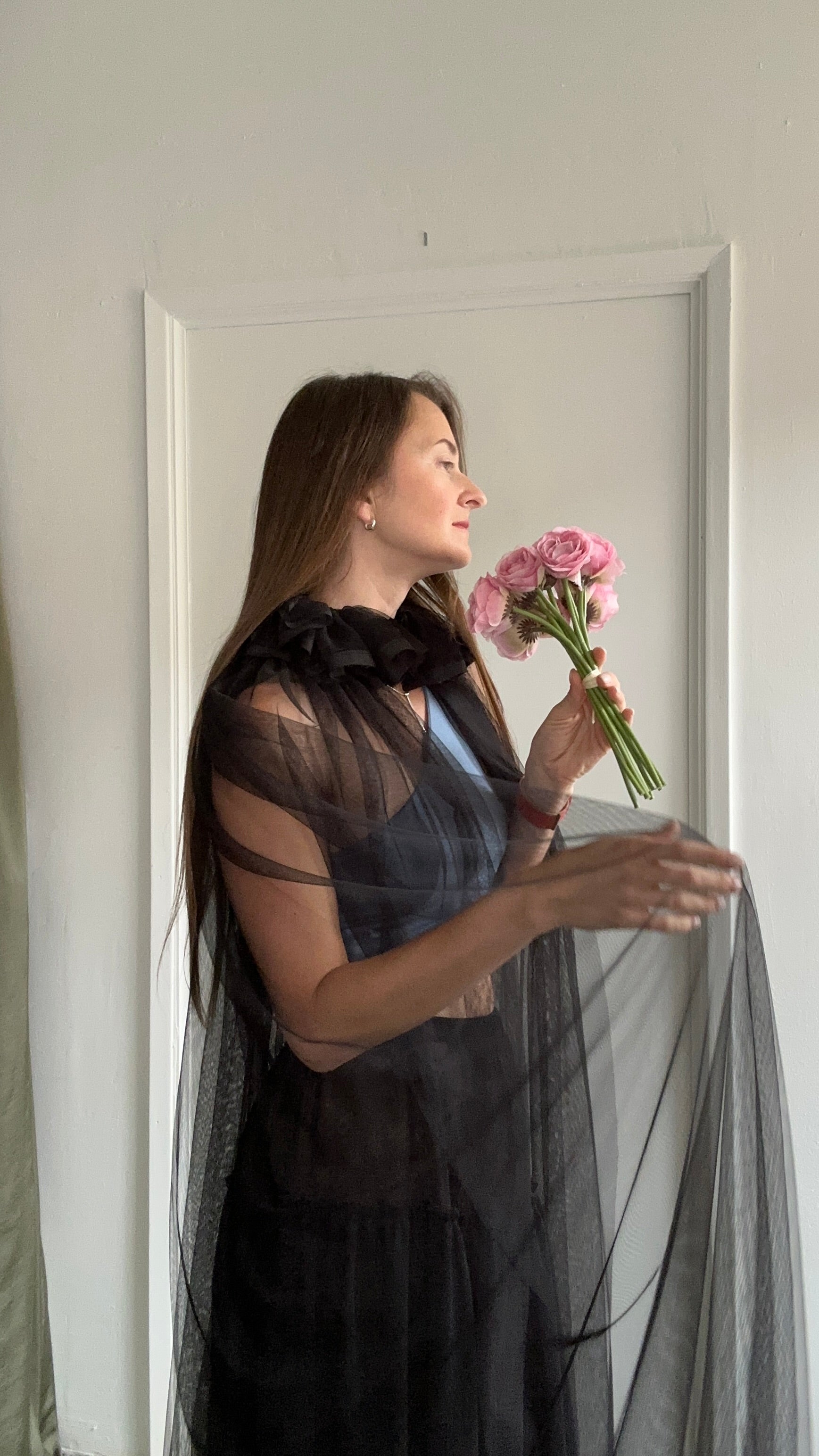 Mesh/tulle cloak with ruffle collar for women, handcrafted in USA – mrsjun