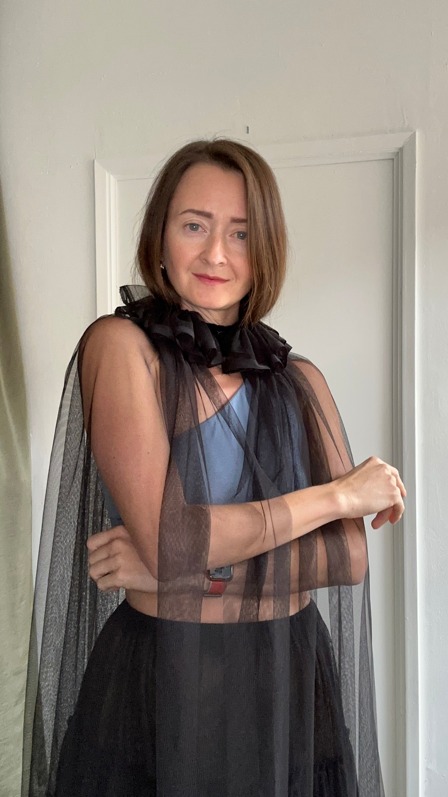 Mesh/tulle cloak with ruffle collar for women, handcrafted in USA – mrsjun